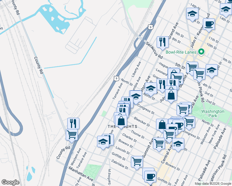 map of restaurants, bars, coffee shops, grocery stores, and more near 245 Terrace Avenue in Jersey City