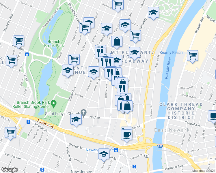 map of restaurants, bars, coffee shops, grocery stores, and more near 118 Summer Avenue in Newark