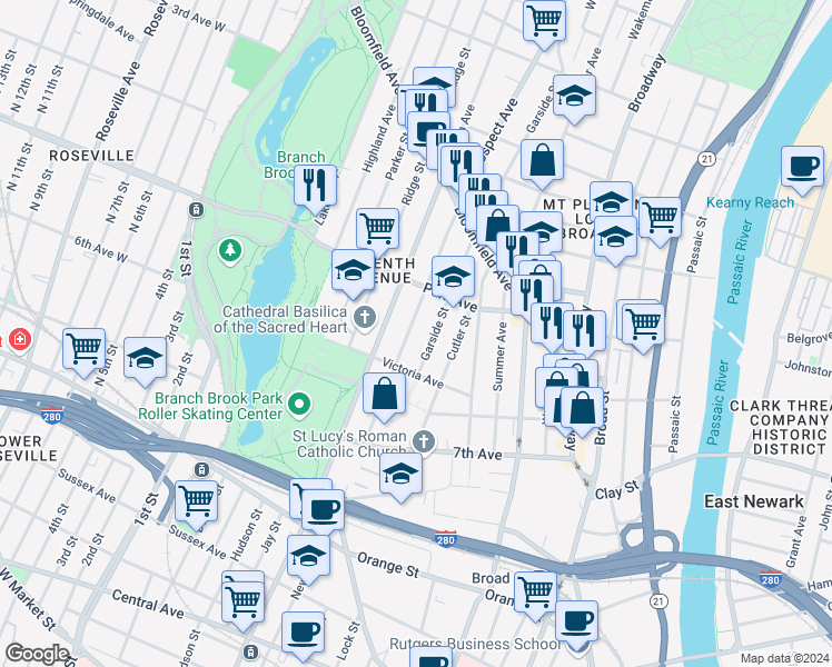 map of restaurants, bars, coffee shops, grocery stores, and more near 109 Mount Prospect Avenue in Newark