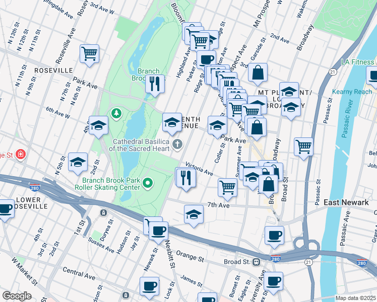 map of restaurants, bars, coffee shops, grocery stores, and more near 147 Clifton Avenue in Newark