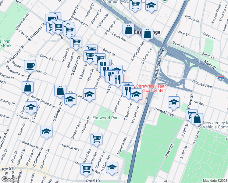 map of restaurants, bars, coffee shops, grocery stores, and more near 333 Central Avenue in East Orange