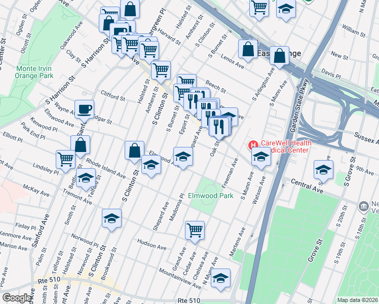map of restaurants, bars, coffee shops, grocery stores, and more near 127 Shepard Avenue in East Orange