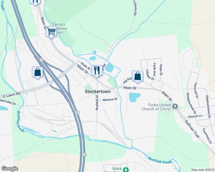 map of restaurants, bars, coffee shops, grocery stores, and more near 113 Main Street in Stockertown