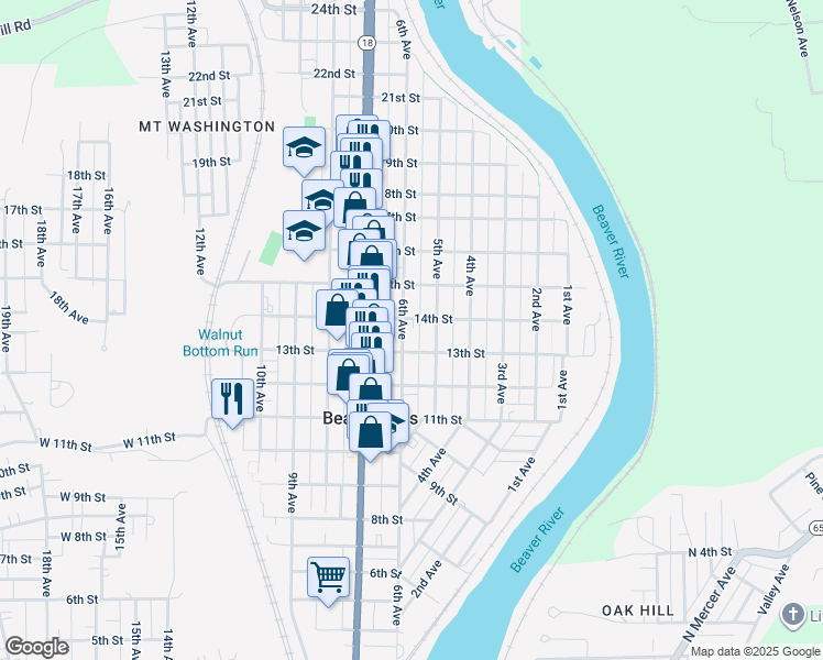 map of restaurants, bars, coffee shops, grocery stores, and more near 520 14th Street in Beaver Falls