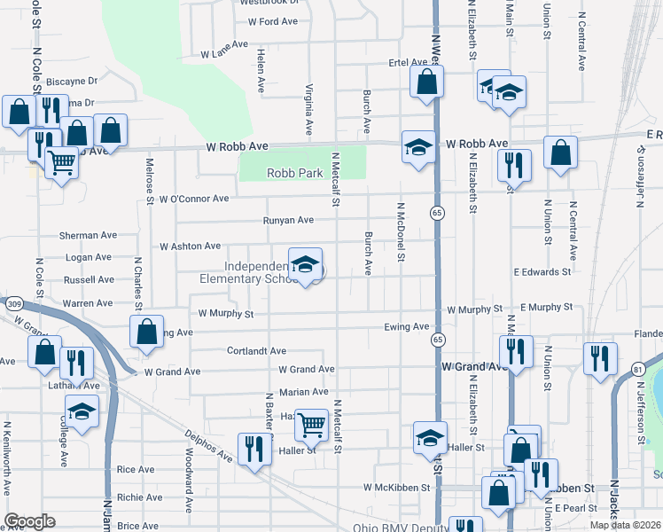 map of restaurants, bars, coffee shops, grocery stores, and more near 1287 North Metcalf Street in Lima