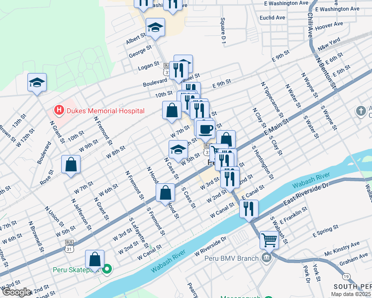 map of restaurants, bars, coffee shops, grocery stores, and more near 16 West 6th Street in Peru