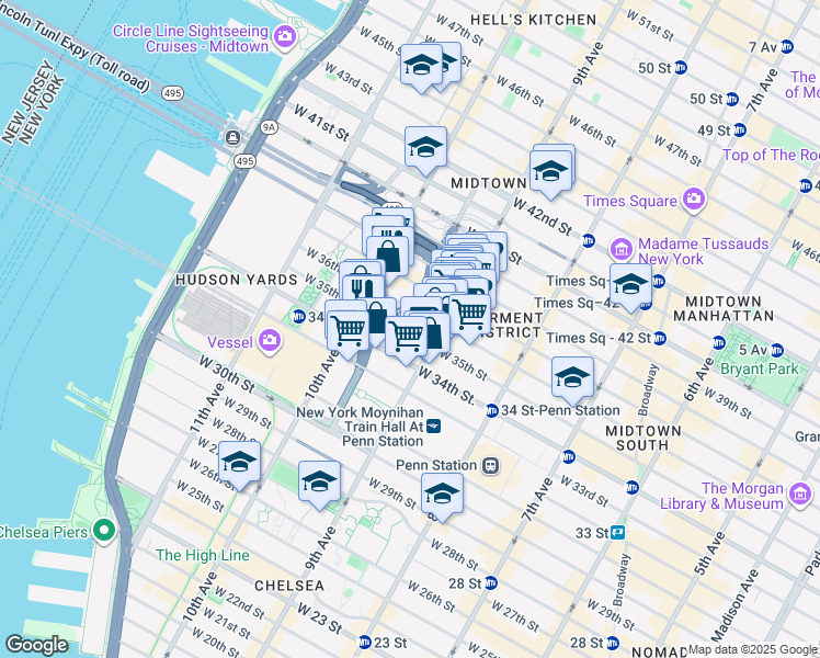 map of restaurants, bars, coffee shops, grocery stores, and more near 411 West 35th Street in New York