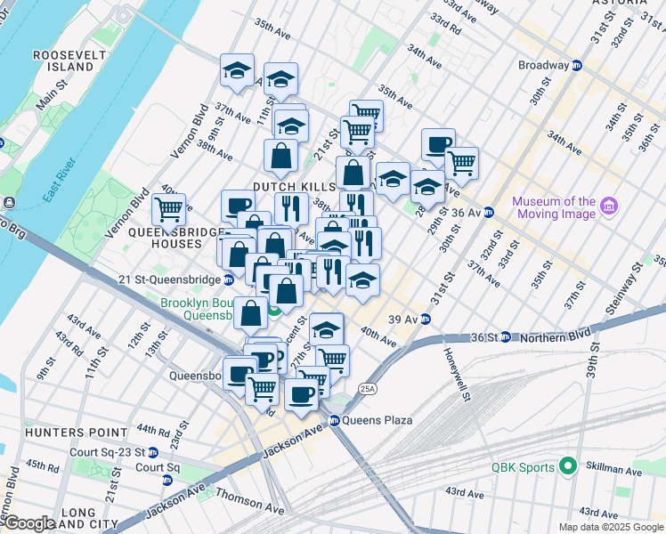 map of restaurants, bars, coffee shops, grocery stores, and more near 39-10 Crescent Street in Queens