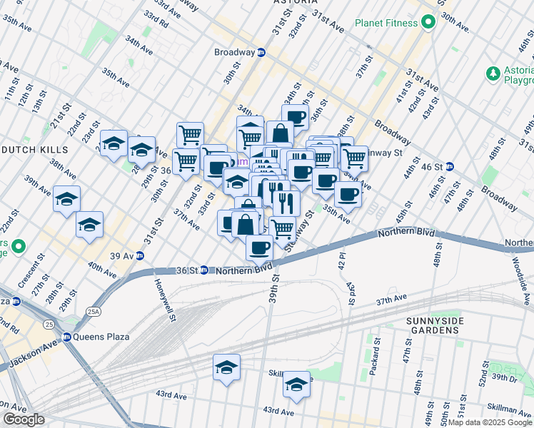 map of restaurants, bars, coffee shops, grocery stores, and more near 35-28 37th Street in Queens