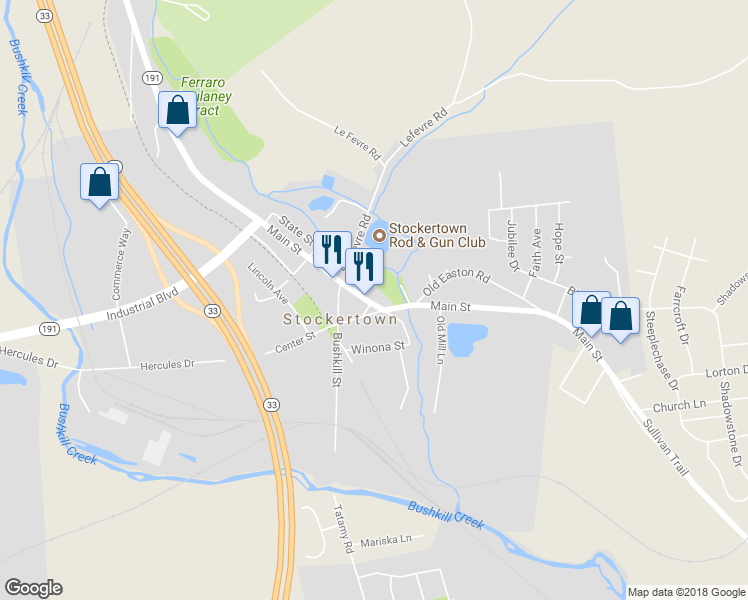 map of restaurants, bars, coffee shops, grocery stores, and more near 103 Main Street in Easton