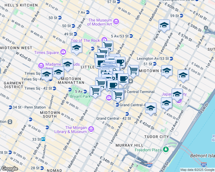 map of restaurants, bars, coffee shops, grocery stores, and more near 551 5th Avenue in New York