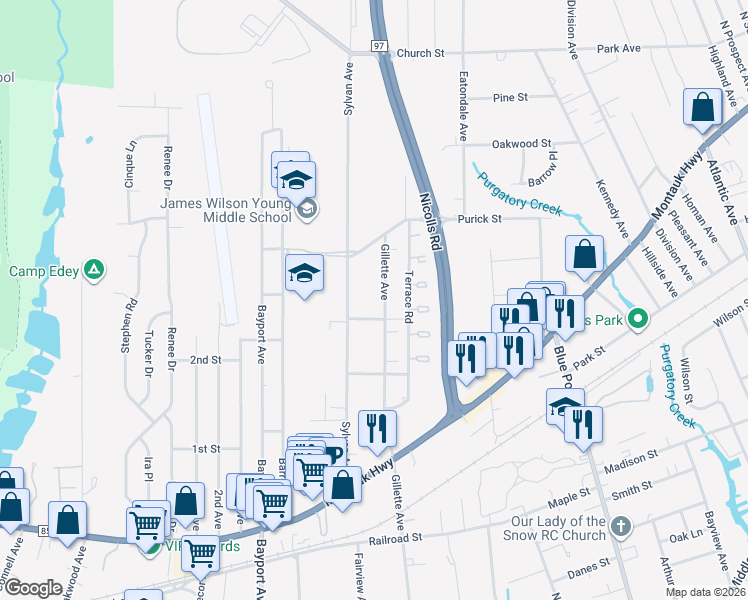 map of restaurants, bars, coffee shops, grocery stores, and more near 633 Gillette Avenue in Bayport