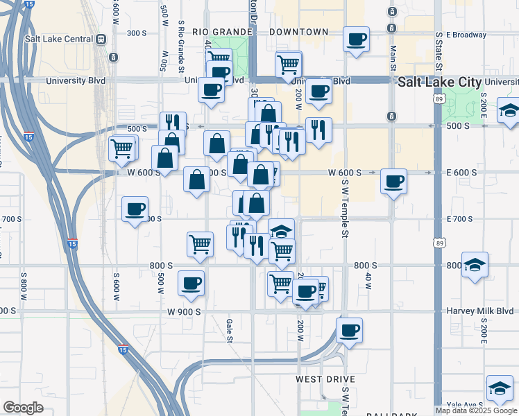 map of restaurants, bars, coffee shops, grocery stores, and more near 258 West 700 South in Salt Lake City