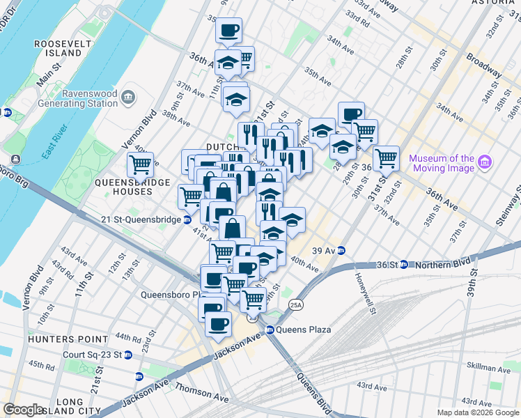 map of restaurants, bars, coffee shops, grocery stores, and more near 38-33 24th Street in Queens
