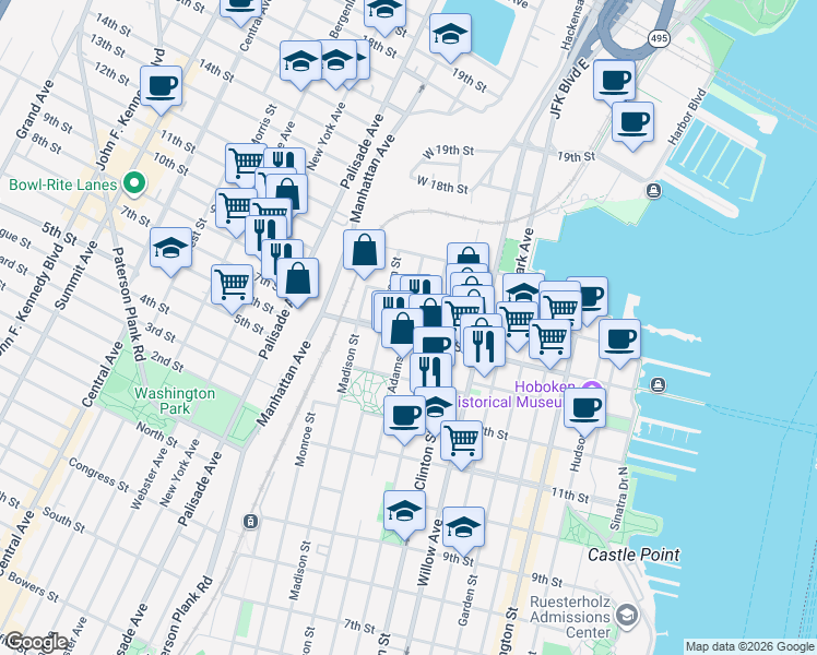 map of restaurants, bars, coffee shops, grocery stores, and more near 1412 Adams Street in Hoboken