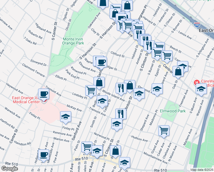 map of restaurants, bars, coffee shops, grocery stores, and more near 20 Crawford Street in East Orange