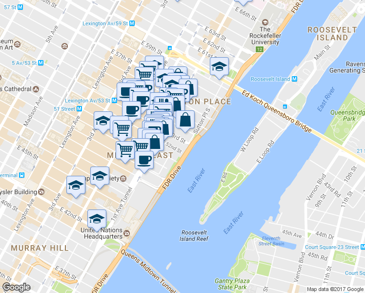 map of restaurants, bars, coffee shops, grocery stores, and more near 436 East 53rd Street in New York