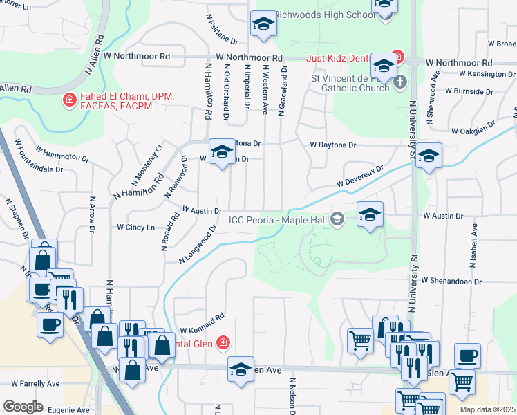 map of restaurants, bars, coffee shops, grocery stores, and more near 5514 North Montello Drive in Peoria