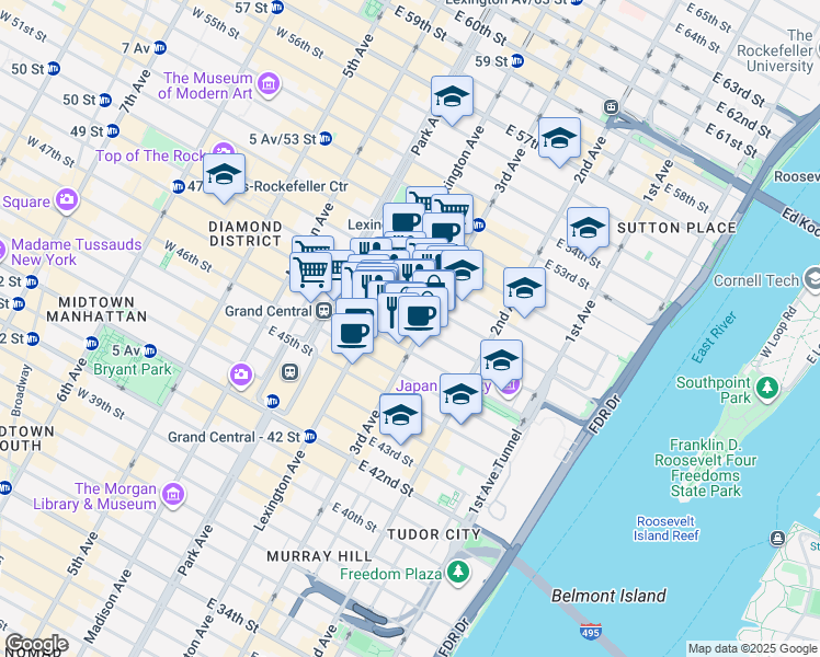 map of restaurants, bars, coffee shops, grocery stores, and more near 141 East 48th Street in New York