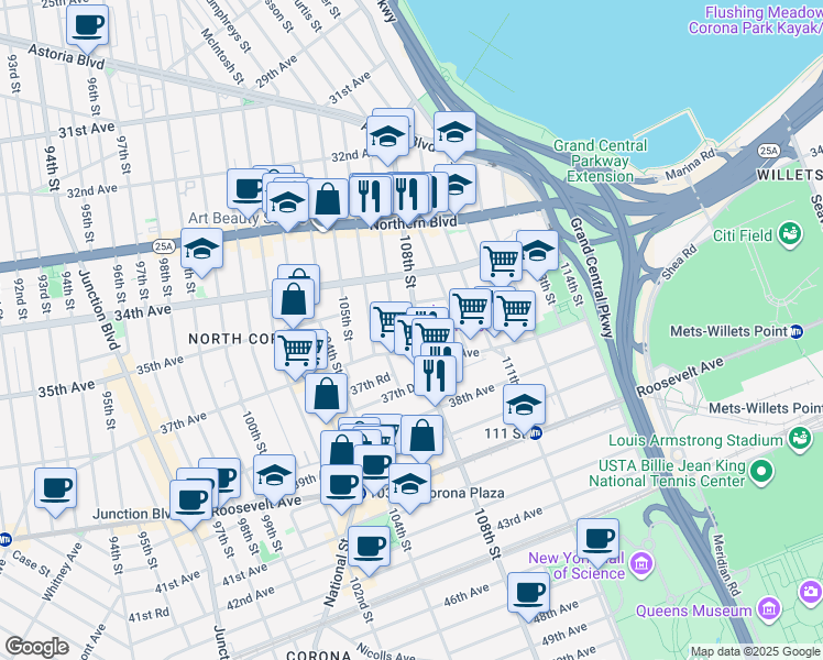 map of restaurants, bars, coffee shops, grocery stores, and more near 108-09 36th Avenue in Queens