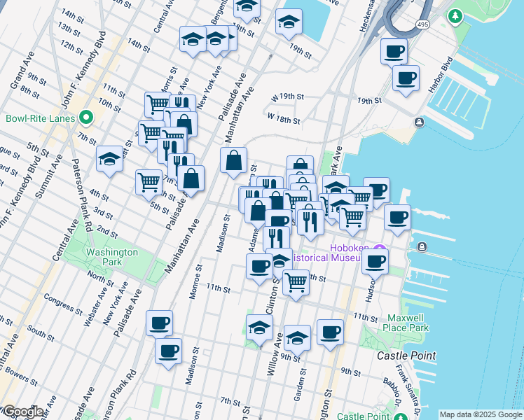 map of restaurants, bars, coffee shops, grocery stores, and more near 1412 Adams Street in Hoboken