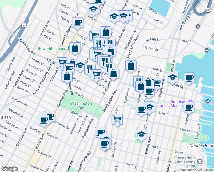 map of restaurants, bars, coffee shops, grocery stores, and more near 600 Palisade Avenue in Union City
