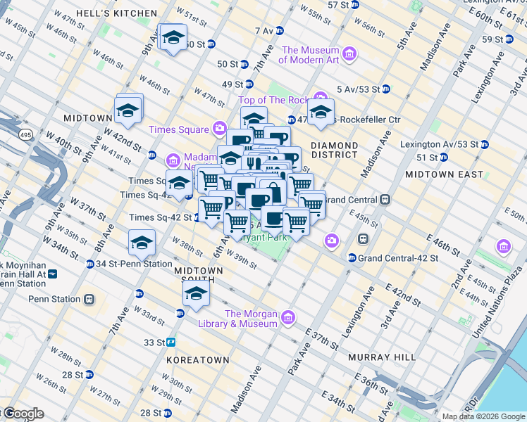 map of restaurants, bars, coffee shops, grocery stores, and more near 1114 6th Avenue in New York