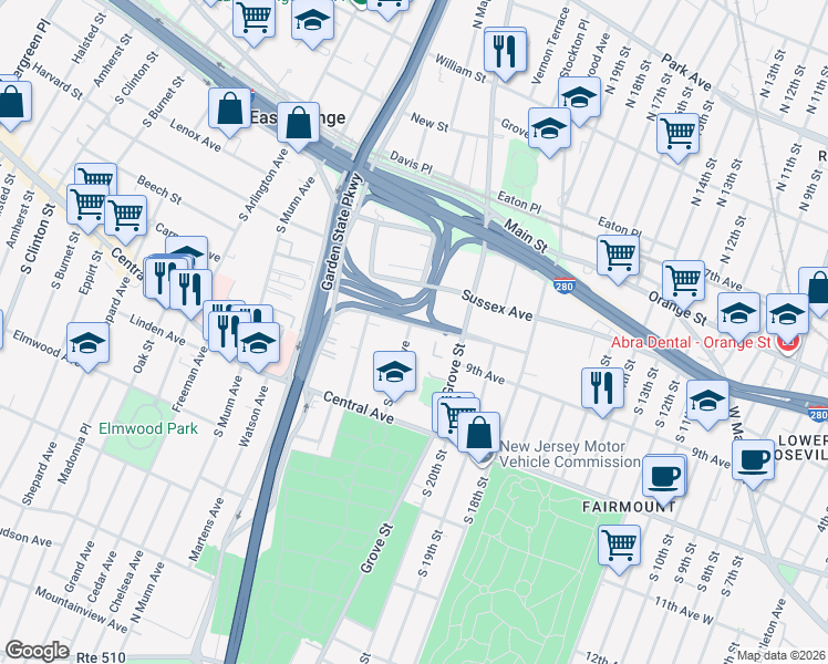 map of restaurants, bars, coffee shops, grocery stores, and more near 29 Winthrop Terrace in East Orange