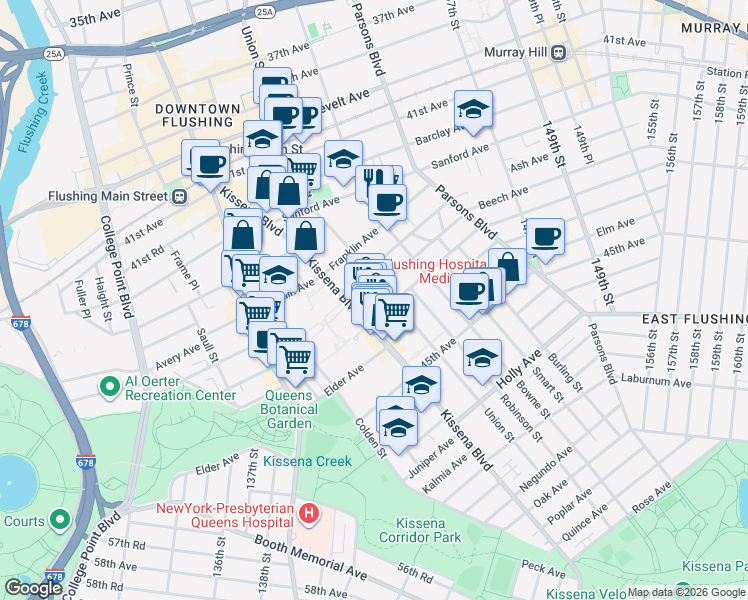 map of restaurants, bars, coffee shops, grocery stores, and more near 140-22 Beech Avenue in Queens