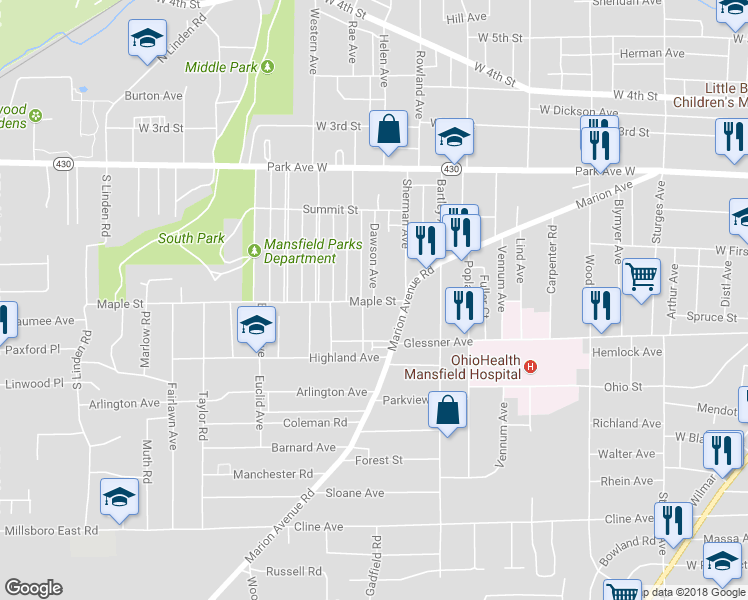 map of restaurants, bars, coffee shops, grocery stores, and more near 163 Dawson Avenue in Mansfield