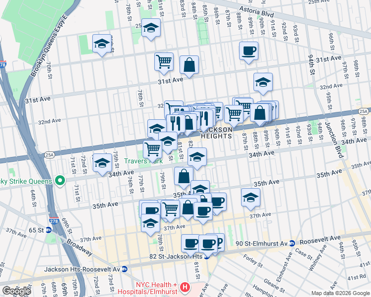 map of restaurants, bars, coffee shops, grocery stores, and more near 33-16 82nd Street in Queens