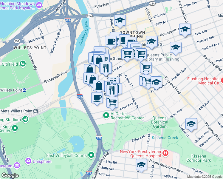 map of restaurants, bars, coffee shops, grocery stores, and more near in Queens