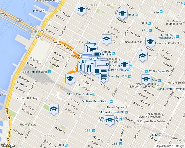 map of restaurants, bars, coffee shops, grocery stores, and more near 498 9th Avenue in New York
