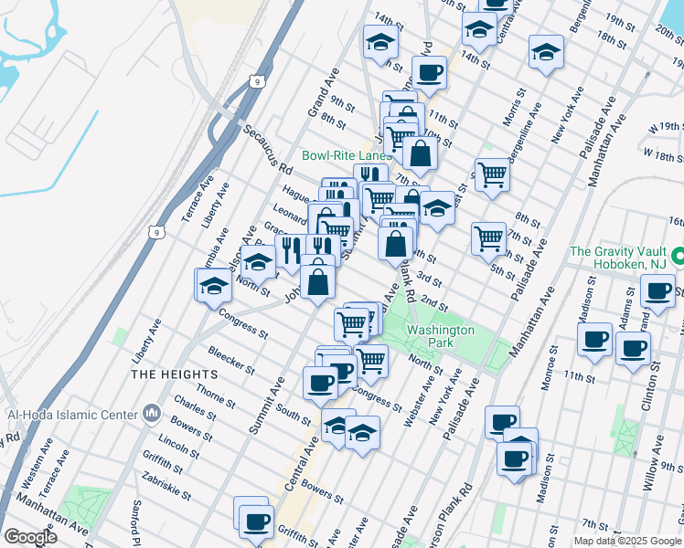 map of restaurants, bars, coffee shops, grocery stores, and more near 1170 Summit Avenue in Jersey City