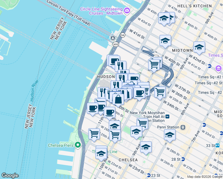 map of restaurants, bars, coffee shops, grocery stores, and more near 434 West 33rd Street in New York