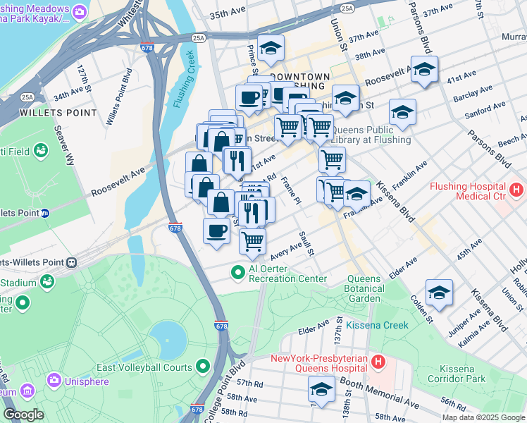 map of restaurants, bars, coffee shops, grocery stores, and more near 41-36 College Point Boulevard in Queens