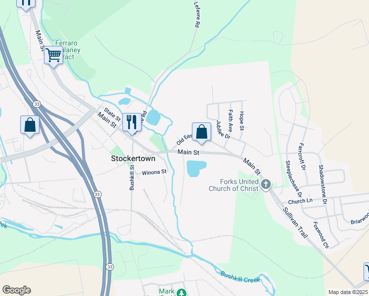 map of restaurants, bars, coffee shops, grocery stores, and more near 87 Main Street in Easton