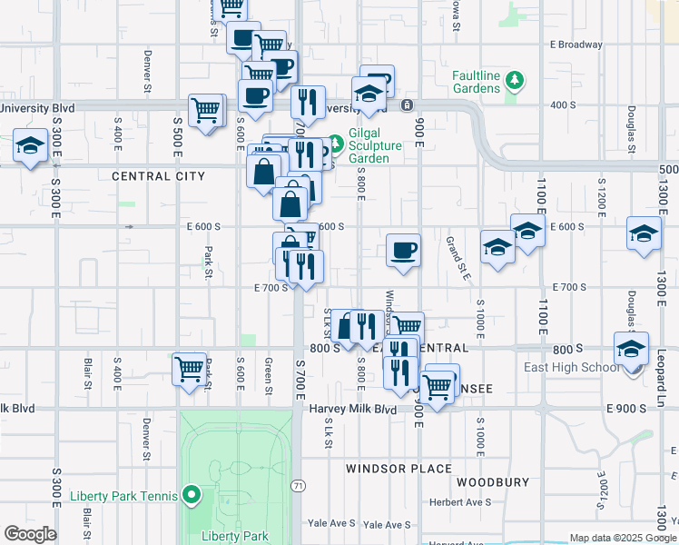 map of restaurants, bars, coffee shops, grocery stores, and more near 665 Musser Court in Salt Lake City