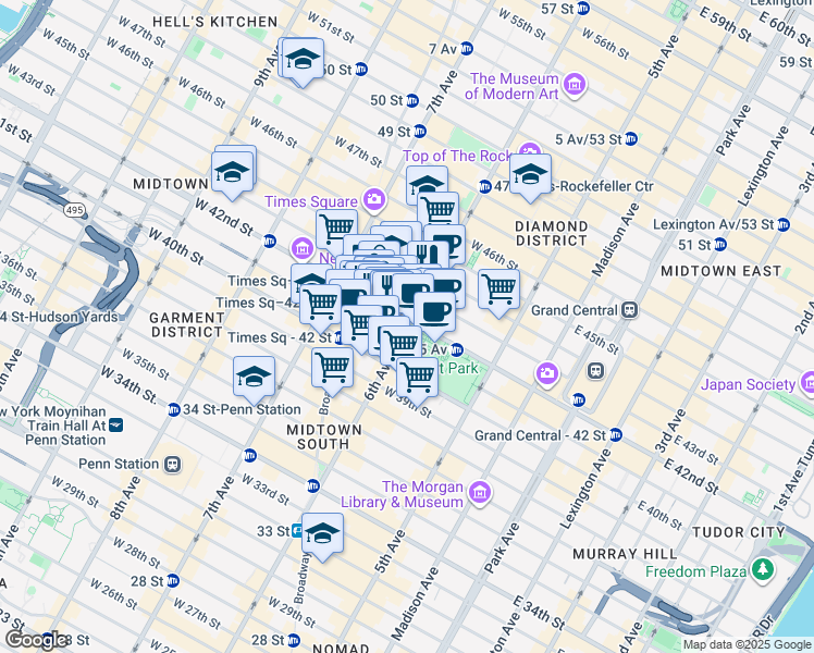 map of restaurants, bars, coffee shops, grocery stores, and more near 1095 Avenue of the Americas in New York