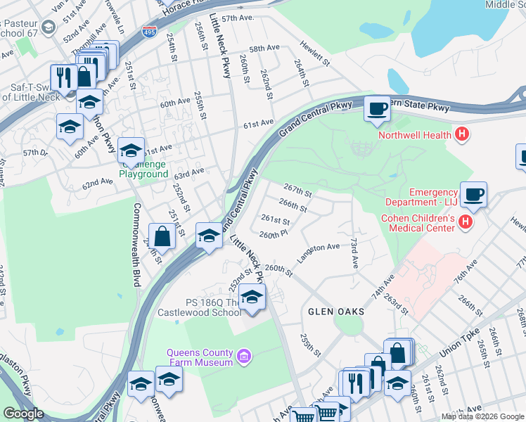 map of restaurants, bars, coffee shops, grocery stores, and more near 261-18 69th Avenue in Queens