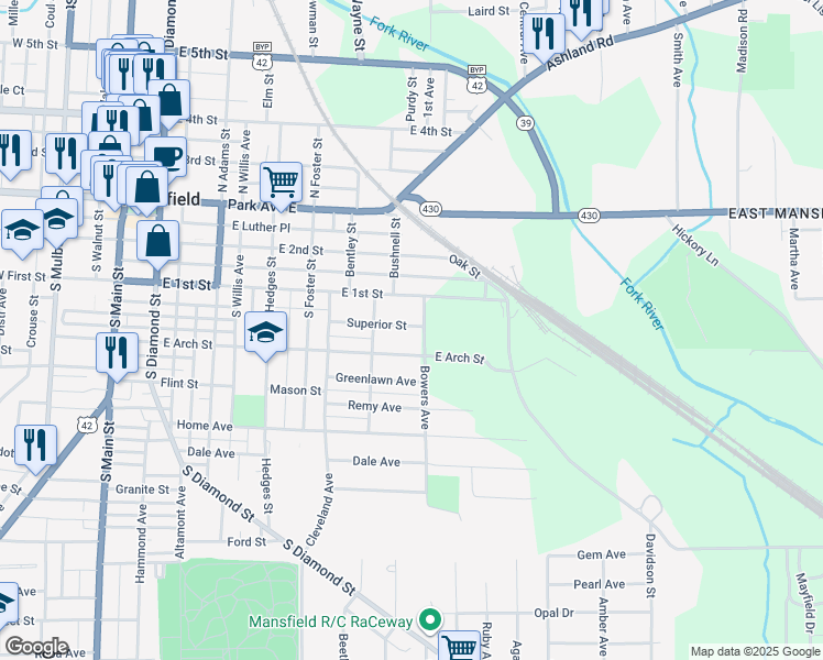map of restaurants, bars, coffee shops, grocery stores, and more near 313 Superior St in Mansfield