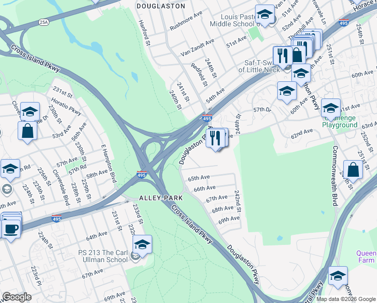 map of restaurants, bars, coffee shops, grocery stores, and more near 60-48 Douglaston Parkway in Queens