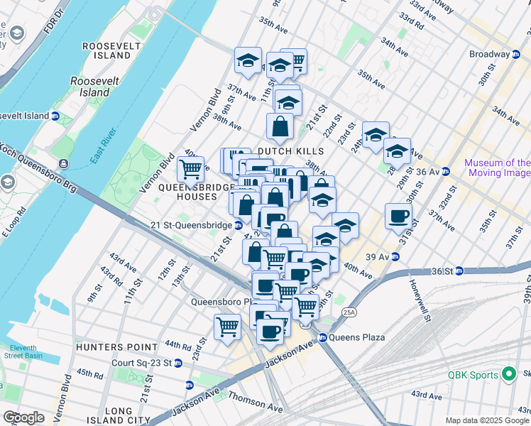 map of restaurants, bars, coffee shops, grocery stores, and more near 40-05 21st Street in Queens