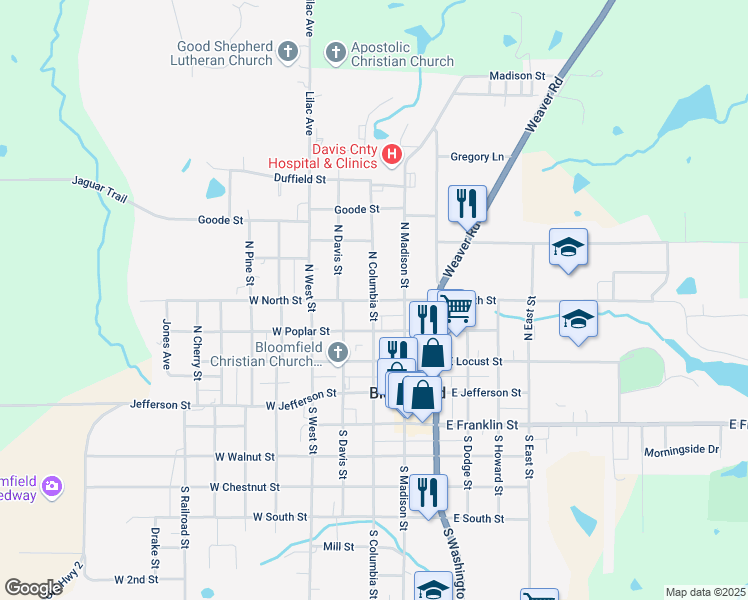 map of restaurants, bars, coffee shops, grocery stores, and more near 401 North Columbia Street in Bloomfield