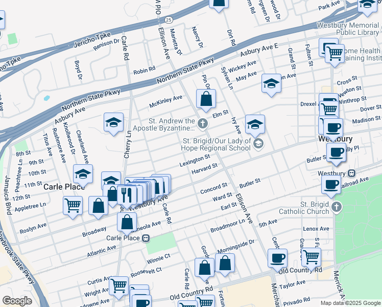 map of restaurants, bars, coffee shops, grocery stores, and more near 126 Longwood Avenue in Westbury