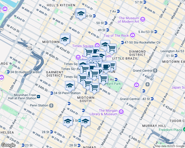 map of restaurants, bars, coffee shops, grocery stores, and more near 1450 Broadway in New York