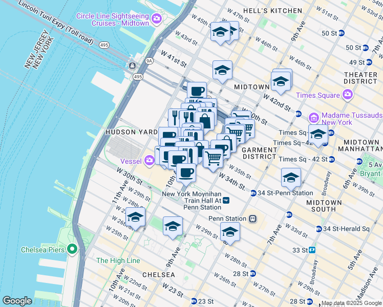 map of restaurants, bars, coffee shops, grocery stores, and more near 461 West 34th Street in New York