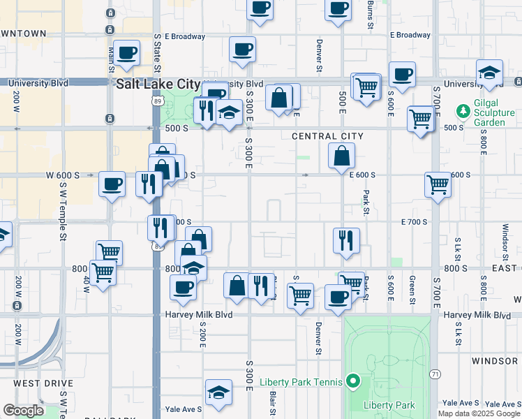 map of restaurants, bars, coffee shops, grocery stores, and more near 651 South 300 East in Salt Lake City
