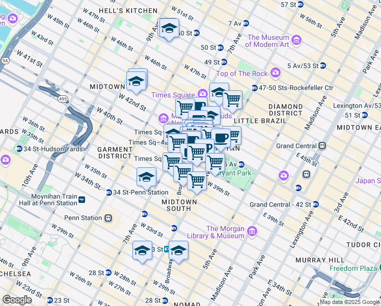 map of restaurants, bars, coffee shops, grocery stores, and more near 1450 Broadway in New York