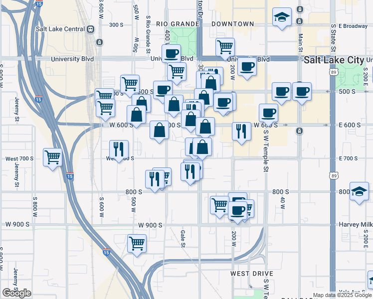 map of restaurants, bars, coffee shops, grocery stores, and more near 656 South 300 West in Salt Lake City